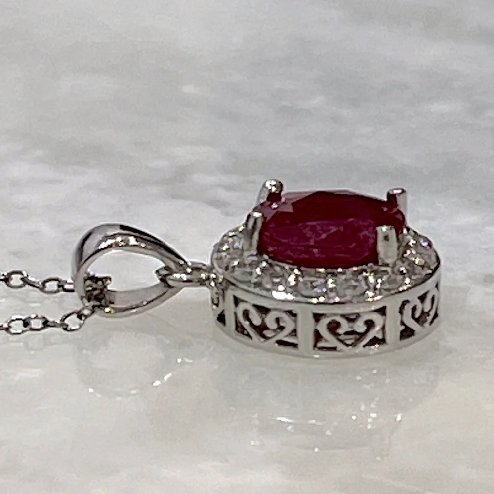 Niassa Ruby White Zircon Sterling Silver Halo Pendant Necklace - Picture 5 of 14